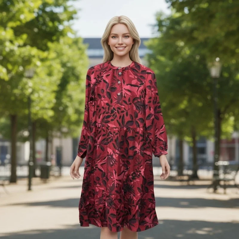 Women's Premium Cotton Maroon Leafy Printed Round Neck Long Sleeve Midi Dress (Copy)