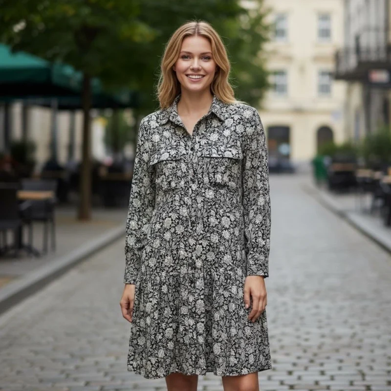 Women's Premium Flower Printed Shirt Button Down Long Sleeve Mini Dress (Copy)